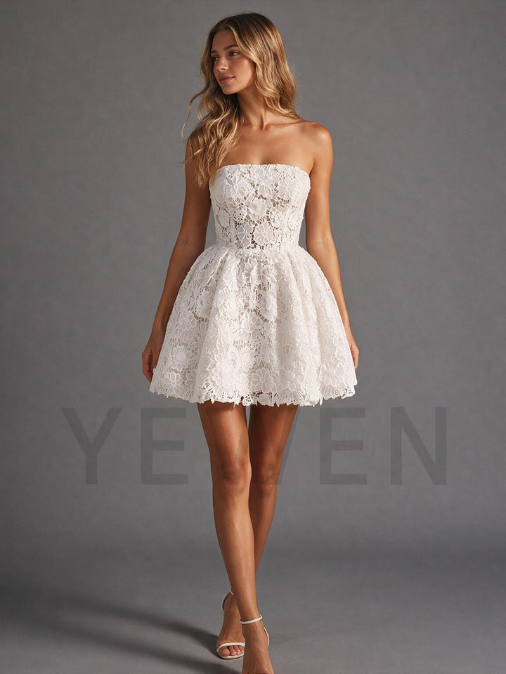 Ivory Strapless Lace Corset Mini Wedding Dress for Engagement