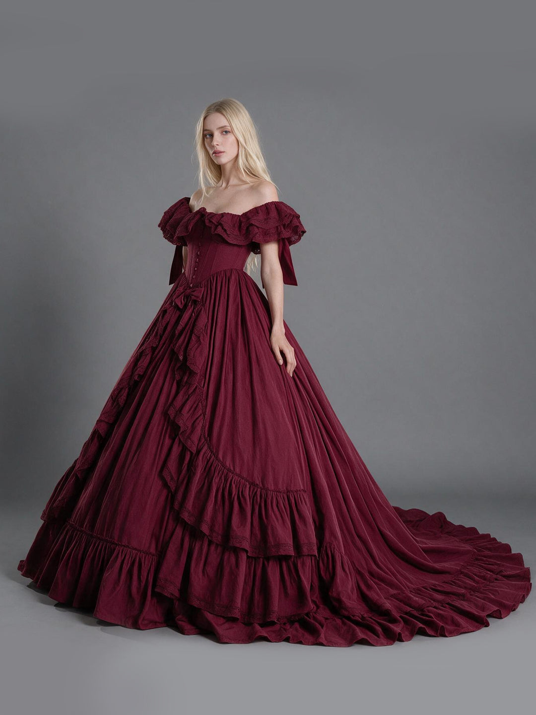 80cm Train Burgundy Off-Shoulder Ruffled Corset Tiered Princess Gown YW2610096