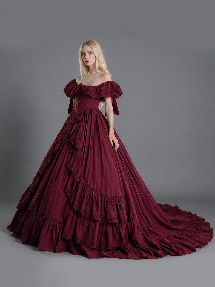 80cm Train Burgundy Off-Shoulder Ruffled Corset Tiered Princess Gown YW2610096