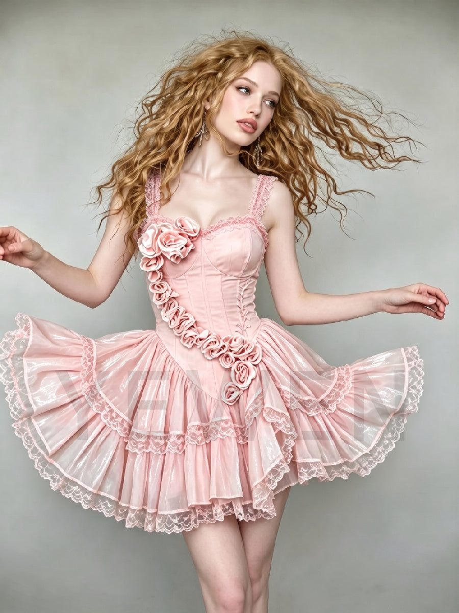Pink Lace Strap 3D Floral Corset Mini Princess Dress WT268014