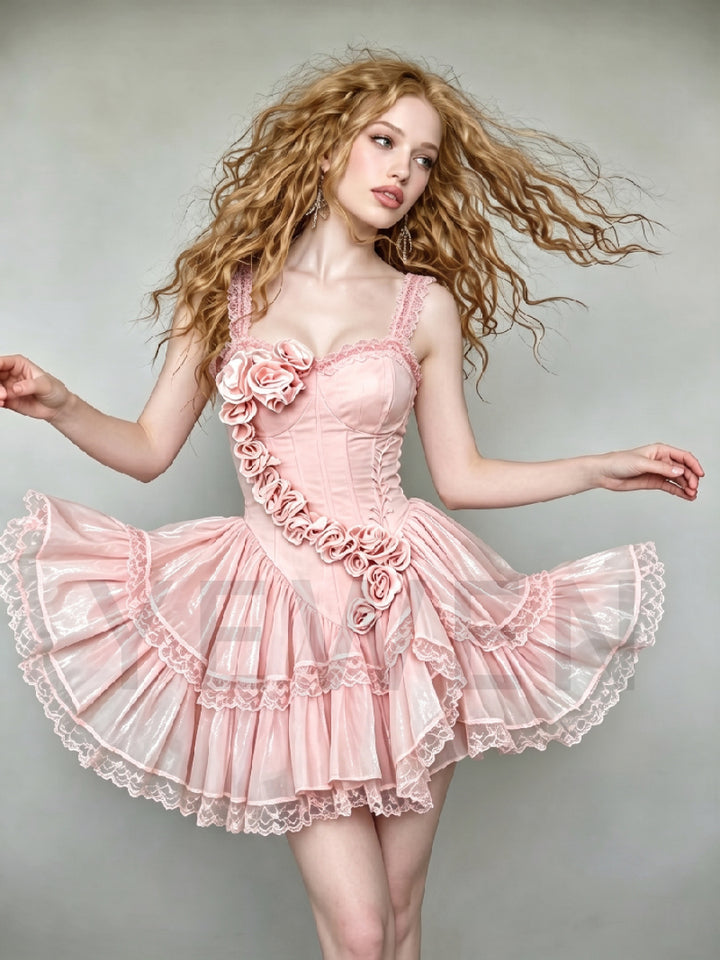Pink Lace Strap 3D Floral Corset Mini Princess Dress WT268014
