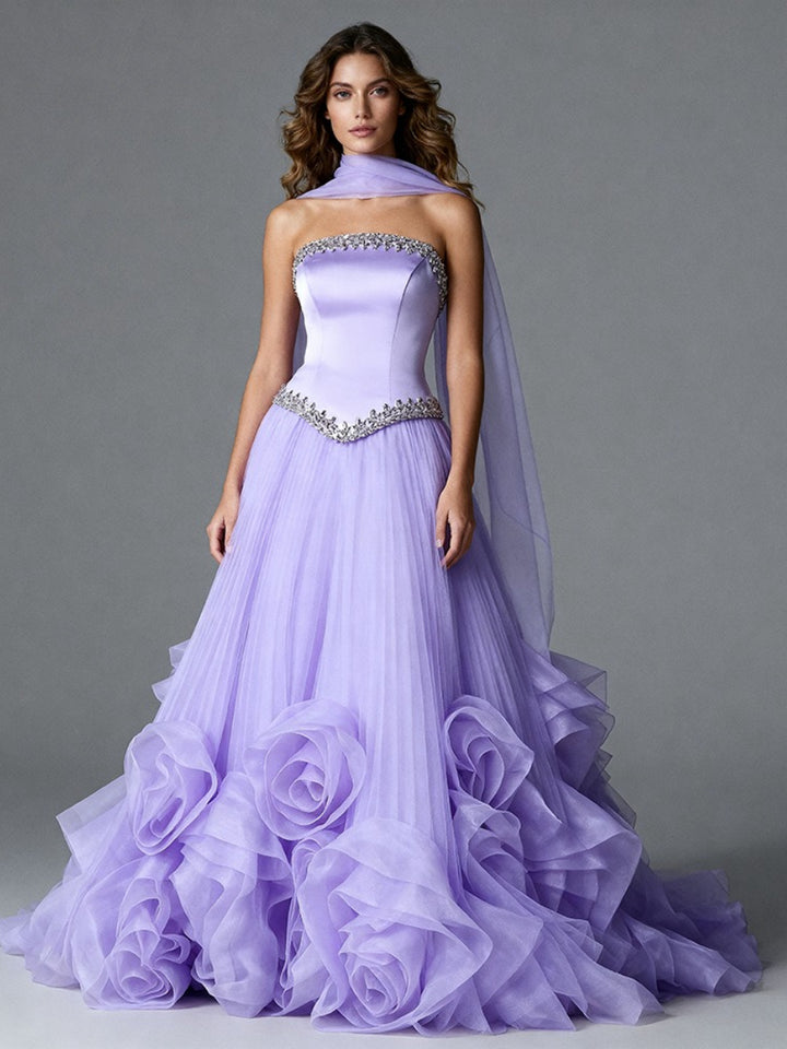 Lavender Strapless Evening Dress with 3D Oversized Floral Women's Formal Gowns