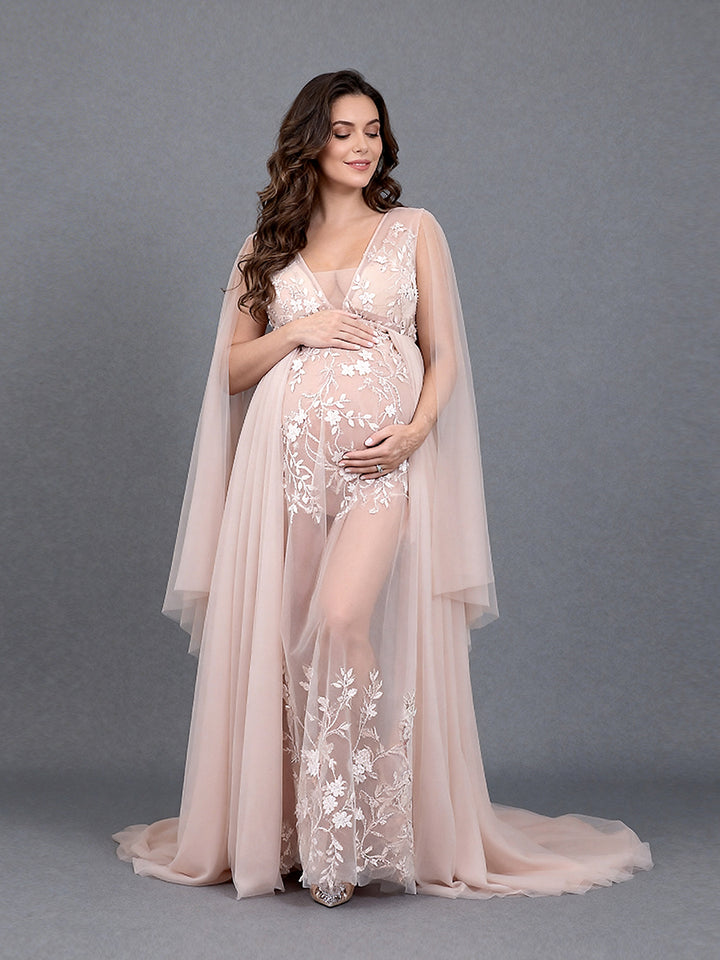 Sheer Tulle Dress Women Robe V Neck Beads Appliques Maternity Dress Shower Gown for Photography