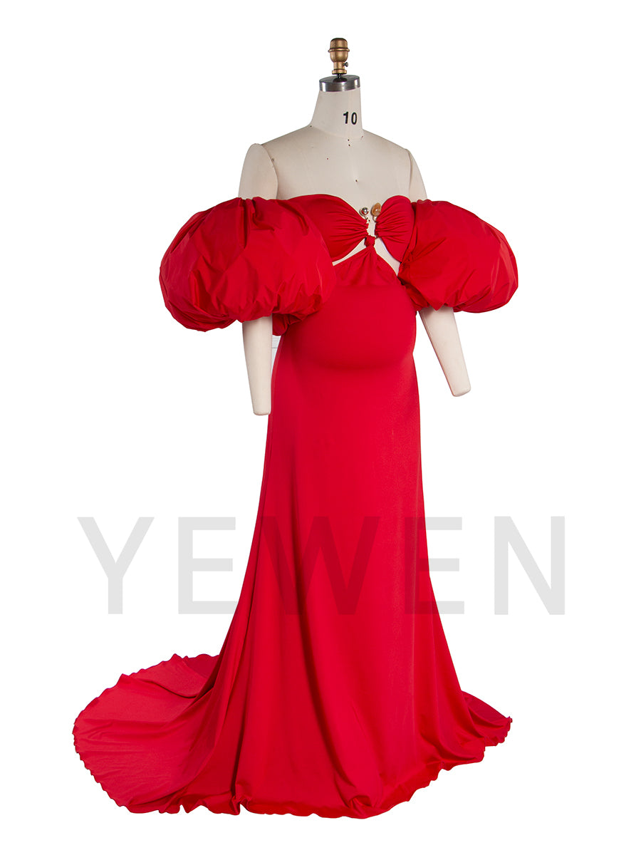 Stretch Mermaid Maternity Photoshoot Dress Puffy Sleeve Baby Shower Gown YW251024