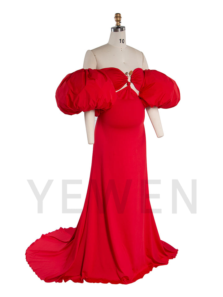 Stretch Mermaid Maternity Photoshoot Dress Puffy Sleeve Baby Shower Gown YW251024