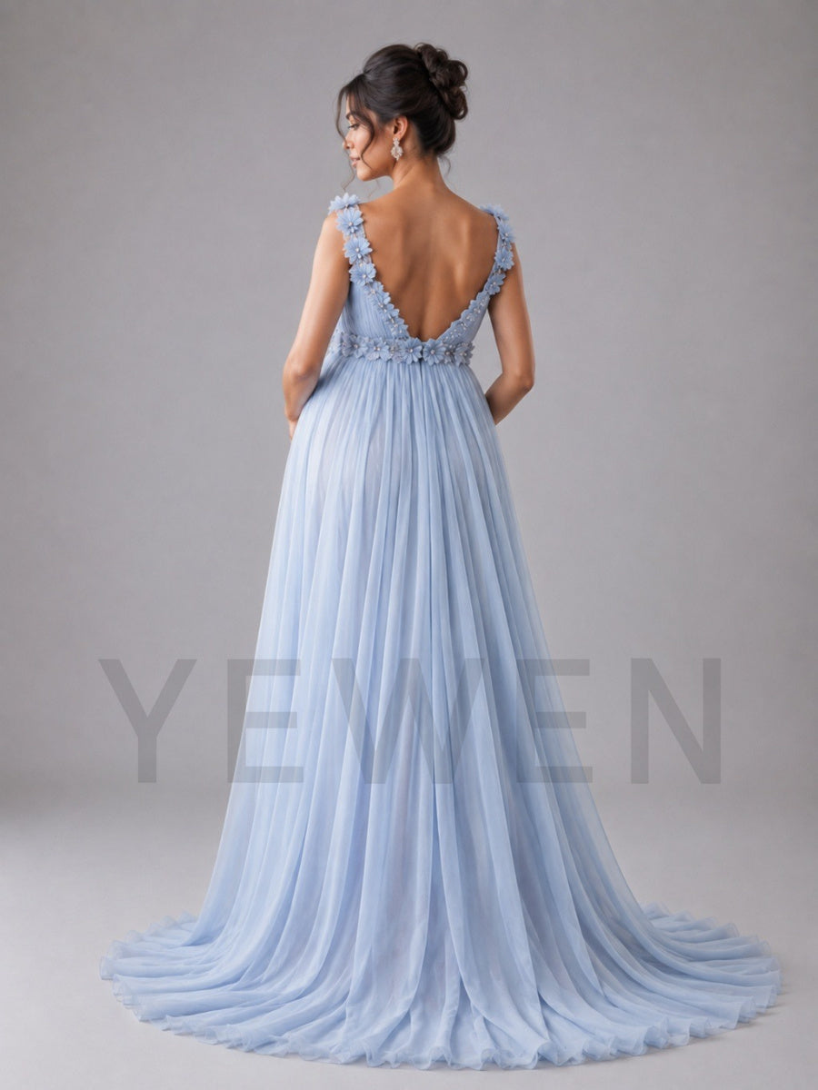Light Blue Square Neck 3D Floral Maternity Baby Shower Dress L-26926