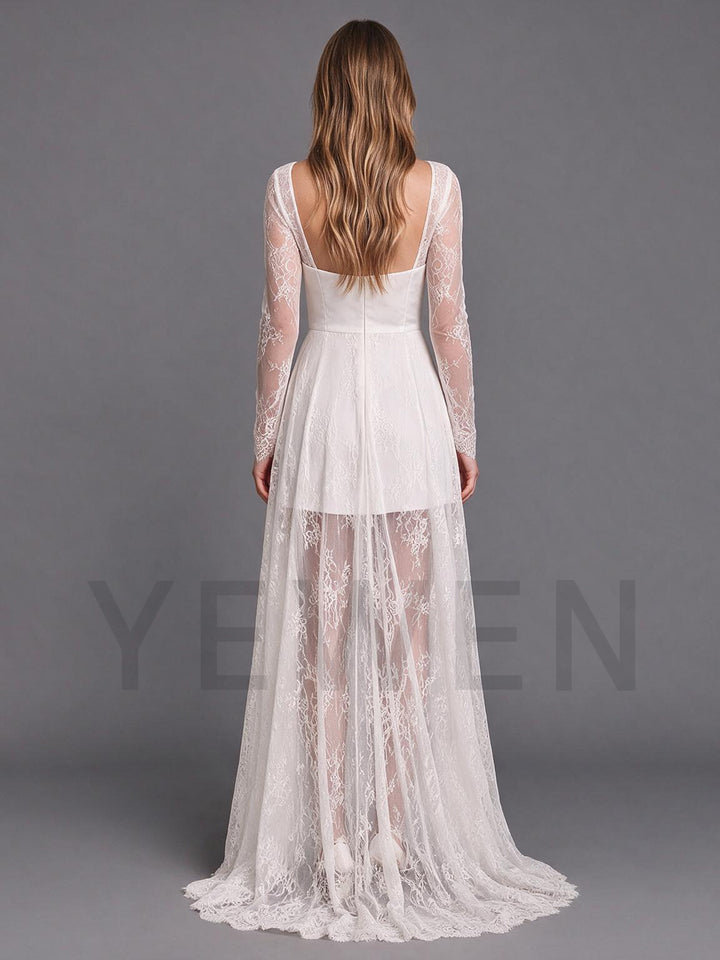 Ivory Long Sleeve Square Neck Wedding Dress with Sheer Lace Overlay Skirt