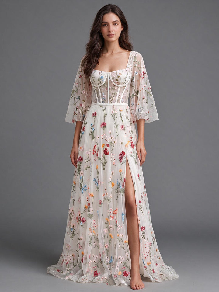 Ivory Sheer Sleeve Floral Boho Wedding Dress with High Slit Skirt