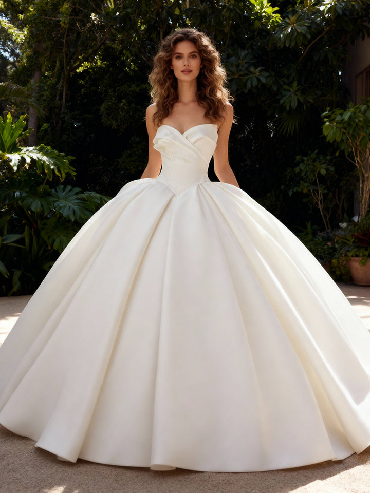 High Quality Satin Wedding Dresses Ruched Pleated Bridal Dress