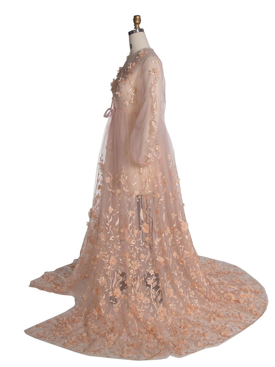 Blush Dress with 3D Floral Lace Boho Sheer Mesh Fairy Maxi Dress Photoshoot Outfit YW240107 yewendress Blush Dress with 3D Floral Lace Boho Sheer Mesh Fairy Maxi Dress Photoshoot Outfit YW240107 yewendress