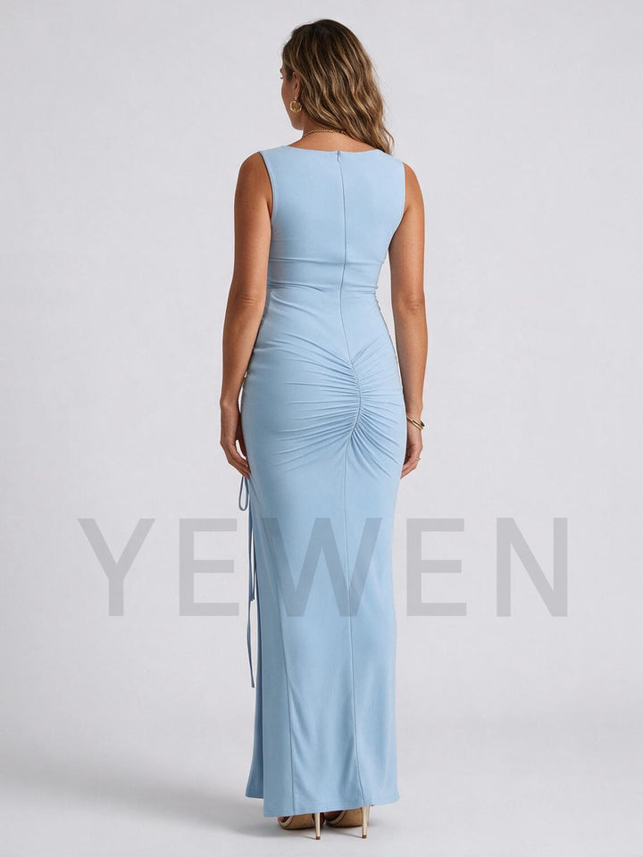 Sleeveless Ruched High Slit Maternity Dress for Baby Shower YM261004