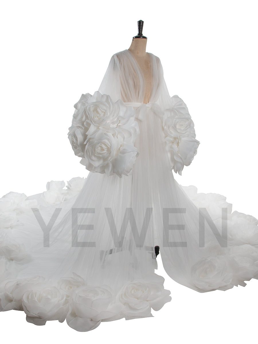 Luxury 3D Rose Sheer Tulle Robe Elegant Long Train Gown for Photoshoots Special Occasions YW250059