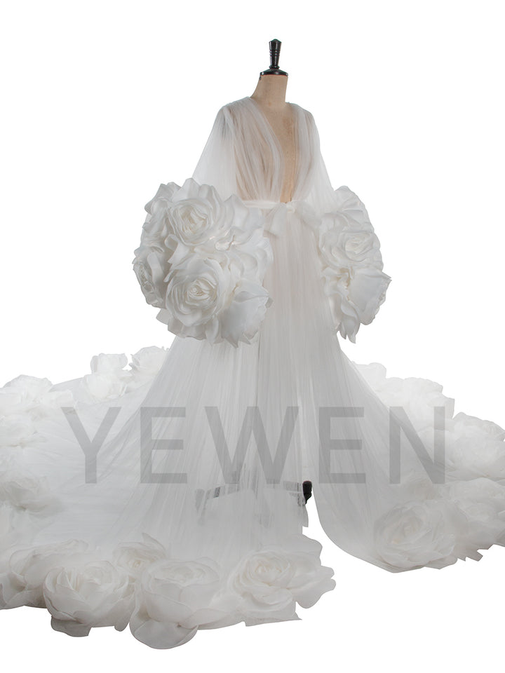 Luxury 3D Rose Sheer Tulle Robe Elegant Long Train Gown for Photoshoots Special Occasions YW250059