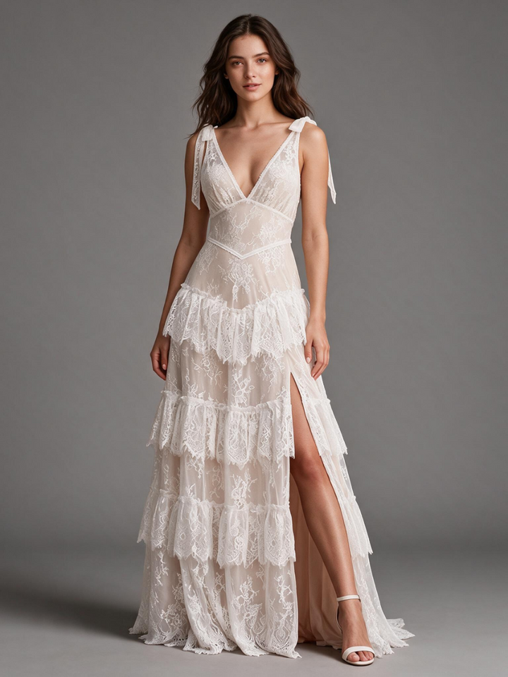 Ivory V-Neck Wedding Dress with Tie Shoulder Straps and High Slit Ruffle Skirt