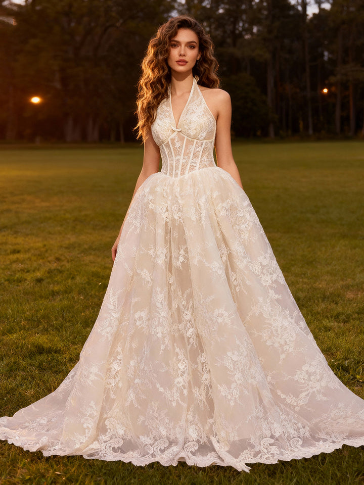 Romantic Halter V Neck Wedding Dress A Line Lace Bridal Gown