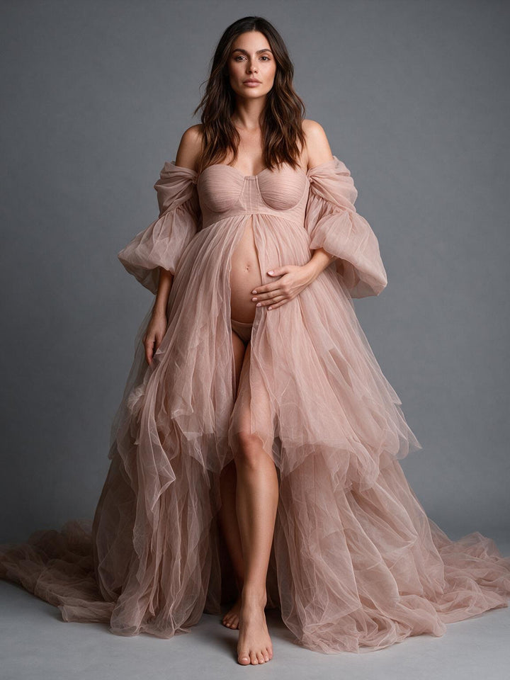 Puff Sleeve Tulle Off-Shoulder Maternity Dress for Photo Shoot YW2610144