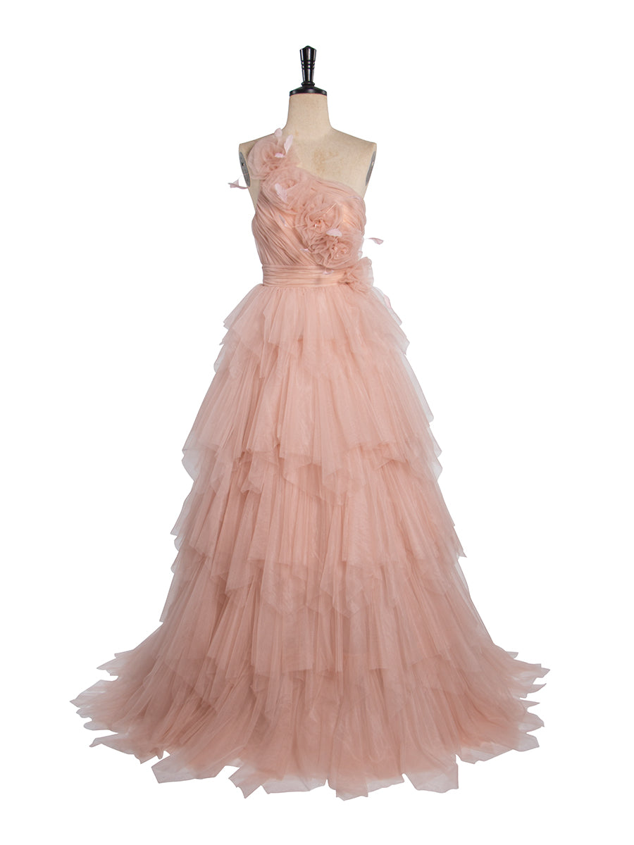 Elegant Prom Dresses for Party One-shoulder with Handmade Flowers Layer Tulle Dress for Event YW250068