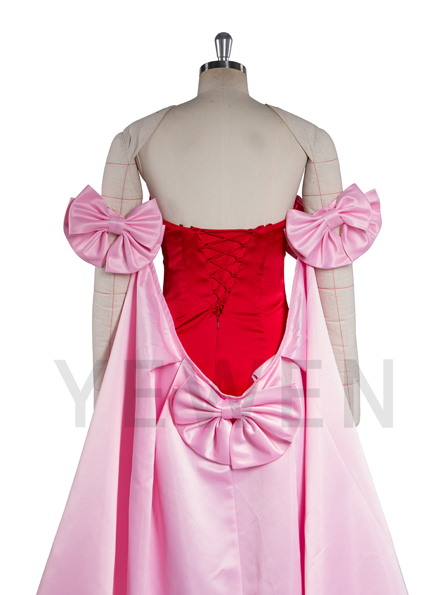 Elegant Satin Pink Cape With Red Bow Off Shoulder Prom Dresses uk LT003