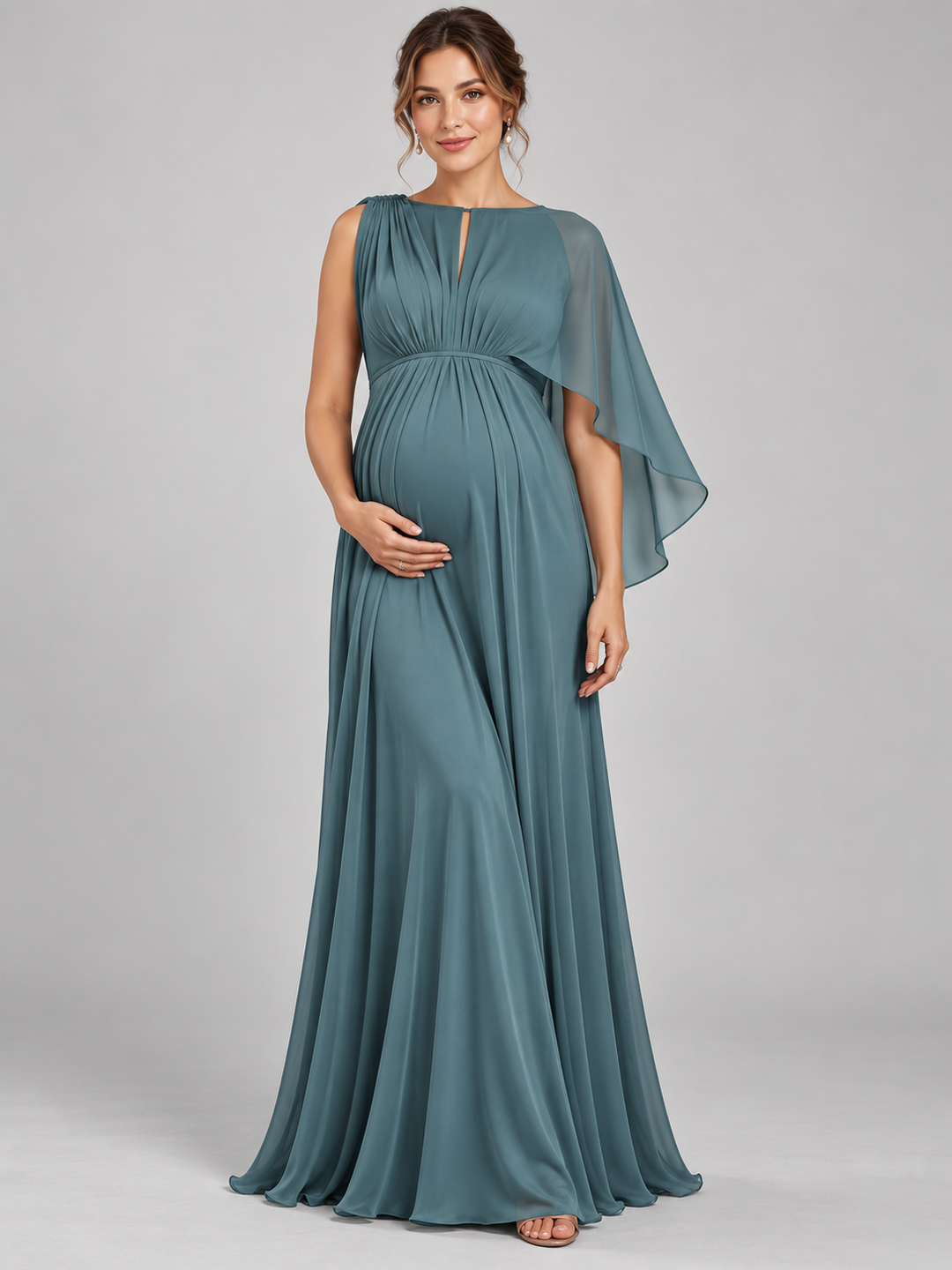 Satin Chiffon One-Shoulder Cape Maternity Baby Shower Dress L-26945