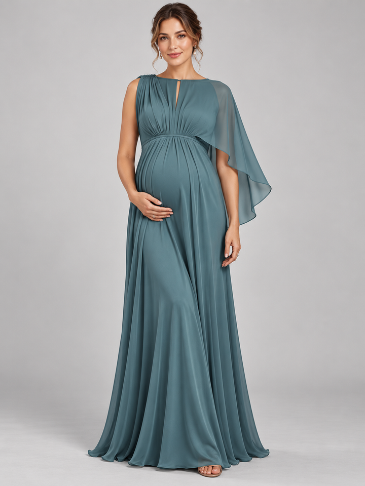 Satin Chiffon One-Shoulder Cape Maternity Baby Shower Dress L-26945