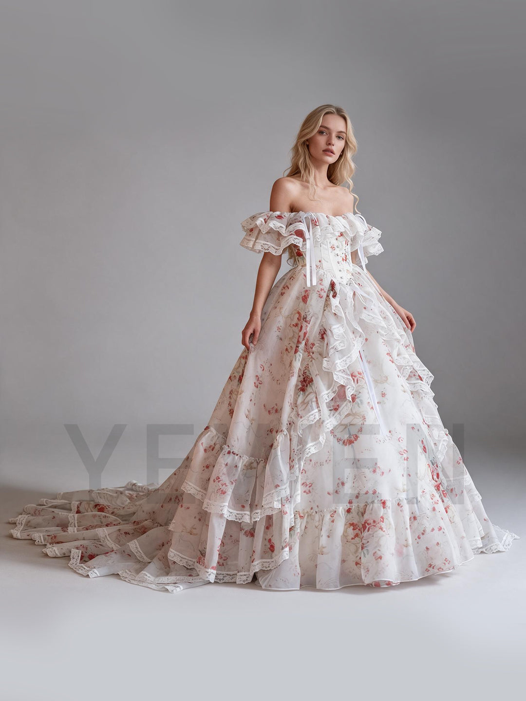 Floral Print Lace Off-Shoulder Tiered Ruffle Princess Dress YW26101411