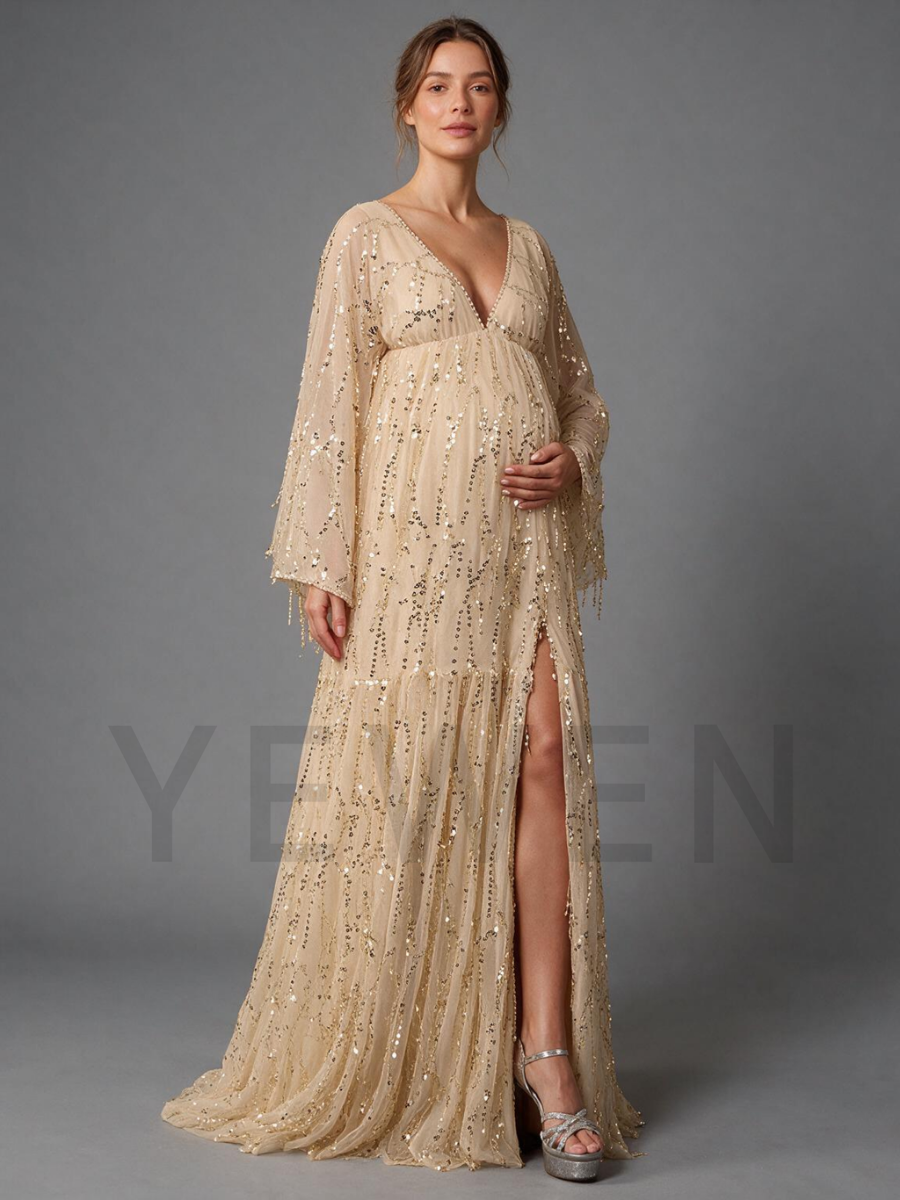 Champagne Sequin Maternity Baby Shower Dress with Flowy Sleeves