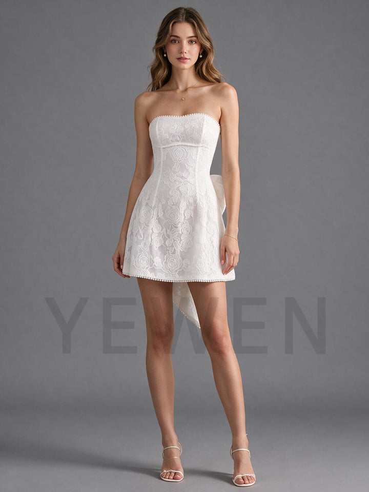 Ivory Lace Pearl Mini Wedding Dress with Oversized Back Bow