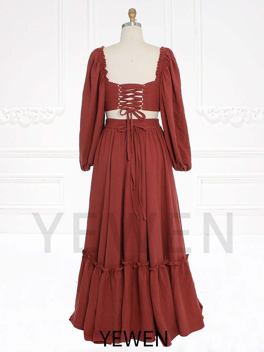 Long Sleeves Adjust Back Woman Cotton Maxi Dress Photoshoot Dresses Outfit YW231113