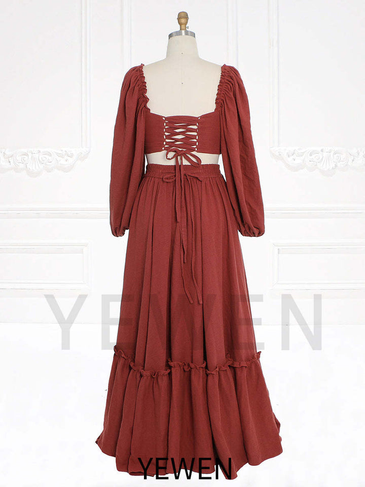 Long Sleeves Adjust Back Woman Cotton Maxi Dress Photoshoot Dresses Outfit YW231113