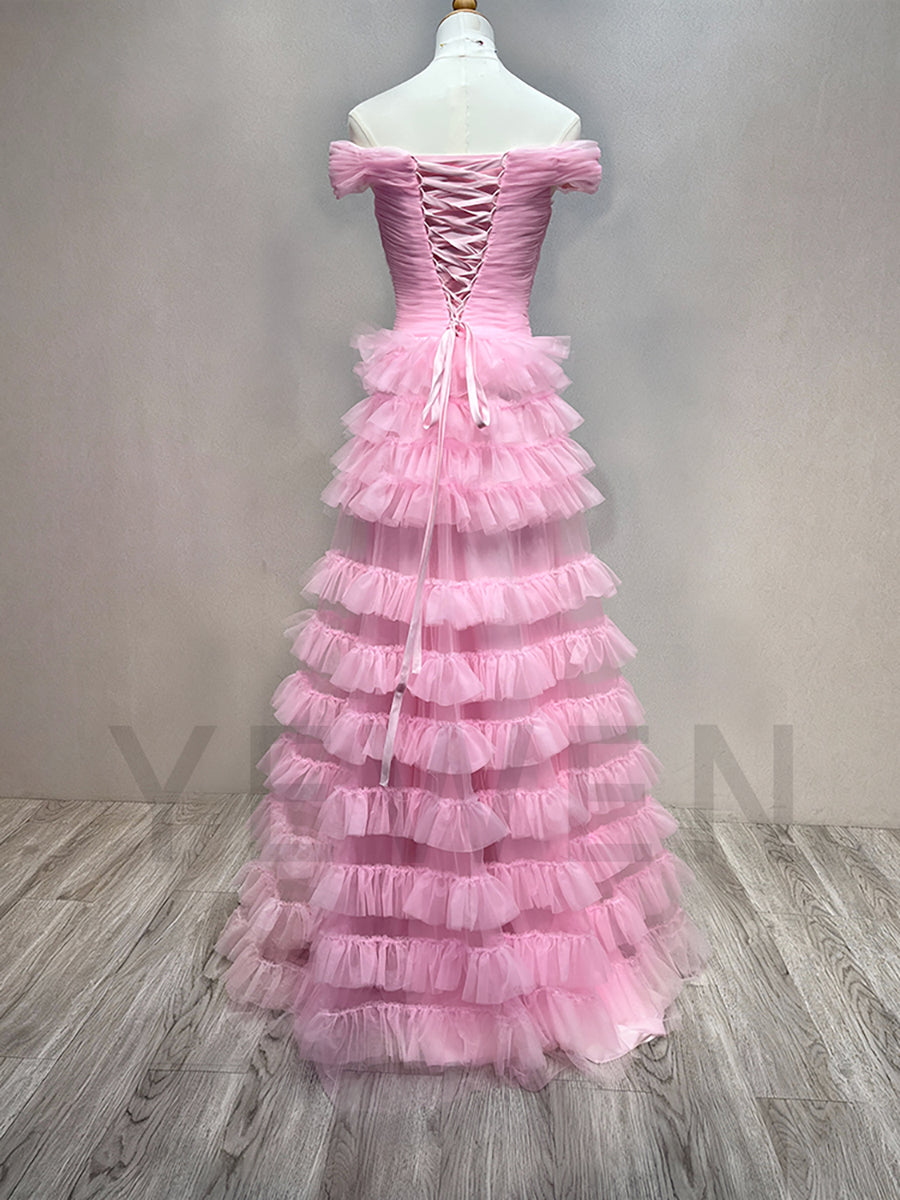 Layer Pink Prom Dress Off The Shoulder Long Evening Party Dresses F25159J