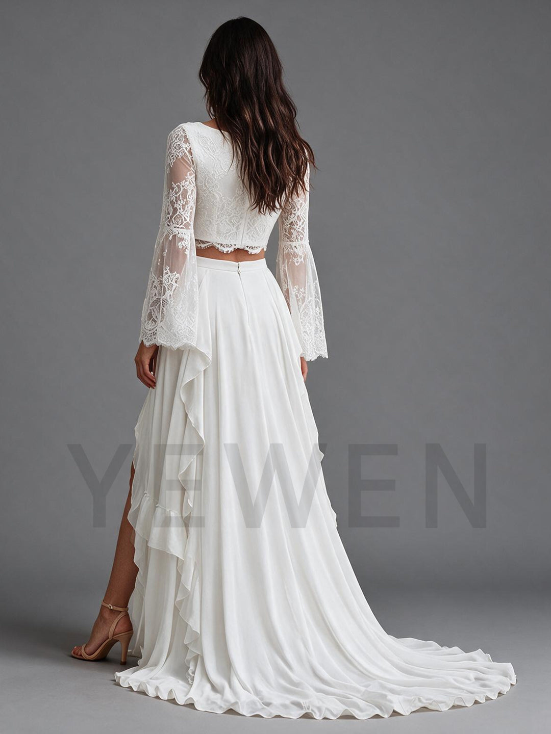 Ivory Two-Piece Lace Crop Top Sheer Bell Sleeves Boho Wedding Dress