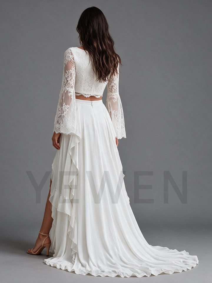 Ivory Two-Piece Lace Crop Top Sheer Bell Sleeves Boho Wedding Dress