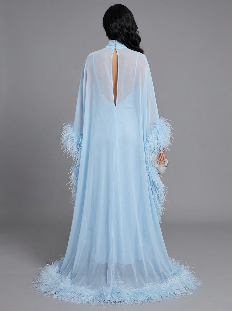 Blue Ostrich Feather Cape Maternity Baby Shower Dress