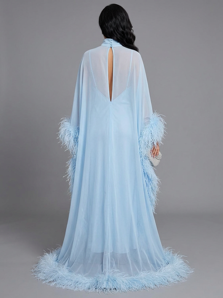 Blue Ostrich Feather Cape Maternity Baby Shower Dress
