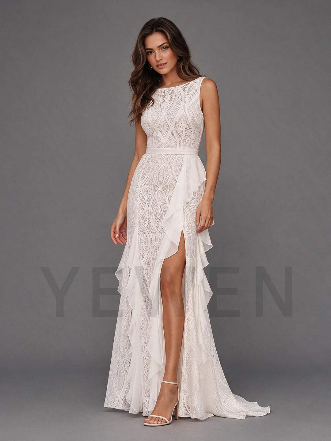 Ivory Embroidered Lace Wedding Dress with Sweeping Chiffon Ruffle Slit Skirt