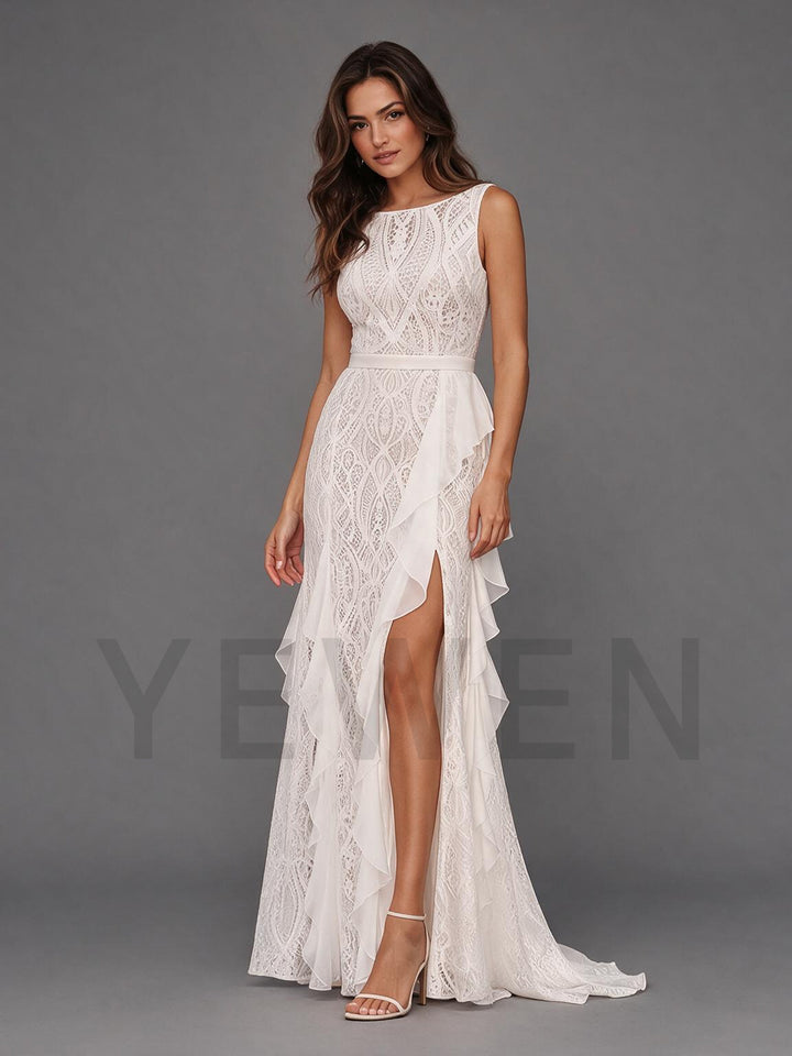 Ivory Embroidered Lace Wedding Dress with Sweeping Chiffon Ruffle Slit Skirt