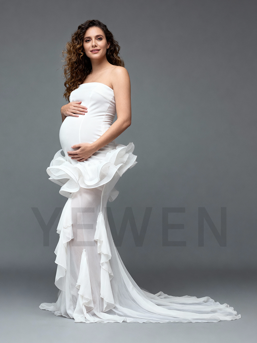 Elegant White Strapless Mermaid Maternity Dress Unique Spandex Pregnancy Gown