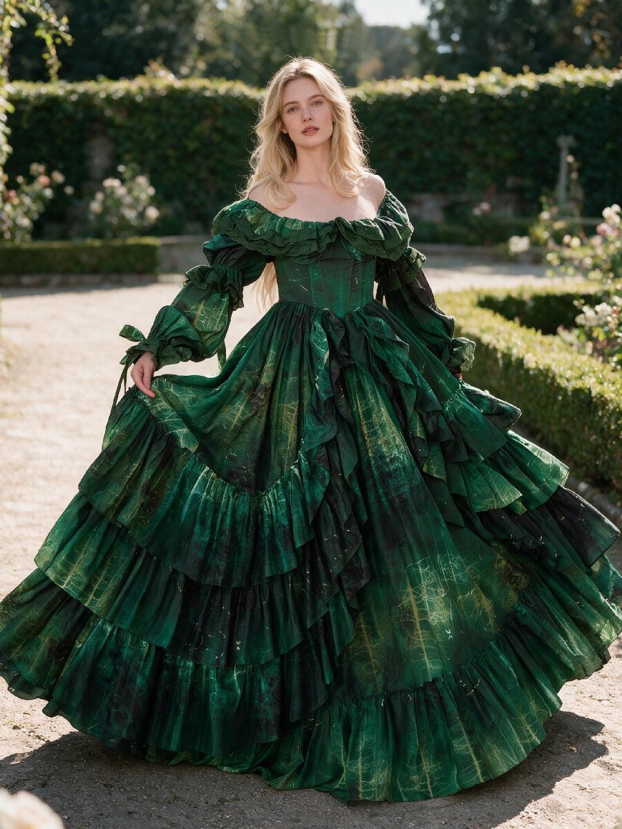 Vintage Print Off-Shoulder Lantern Sleeve Princess Dress YW2610167