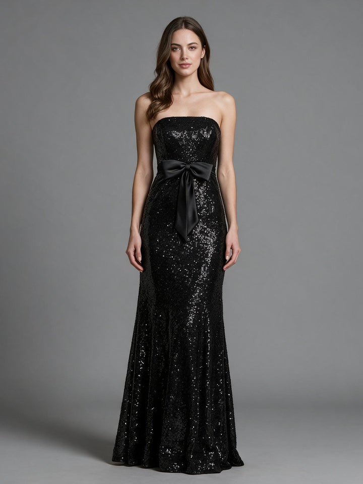 Black Sequin Strapless Bow Belt Fitted Mermaid Evening Gown YW2610213