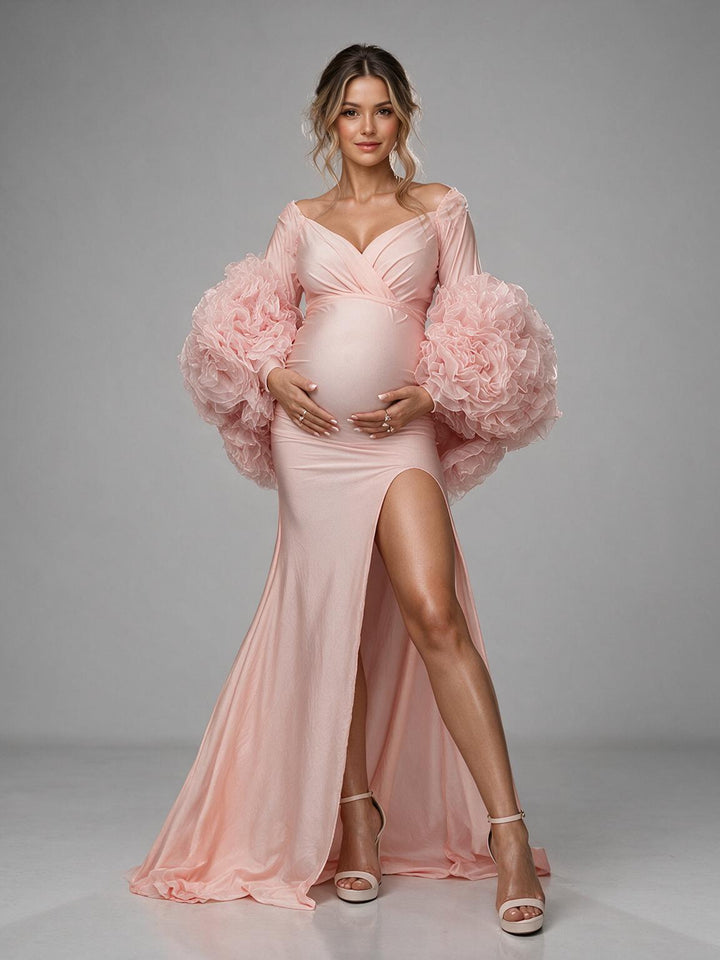 Pink 3D Floral Cape High Slit Maternity Gown for Photoshoot YW2610195