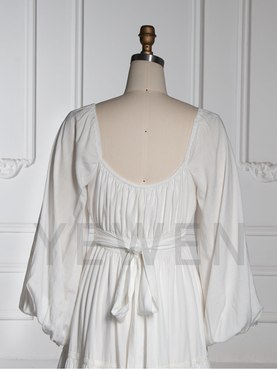 White Boho Maxi Dress Puffed Long Sleeves Beach Photo Shoot Dress YW251006