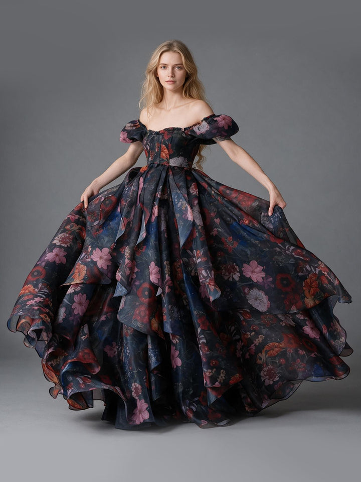 Floral Off-Shoulder Puff Sleeve Tiered Ruffle Princess Dress YW2610136
