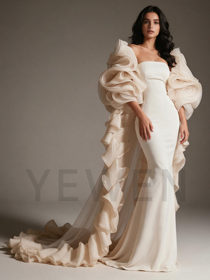 Strapless Ruffle Sleeve Mermaid Evening Gown with Long Train YW2609261