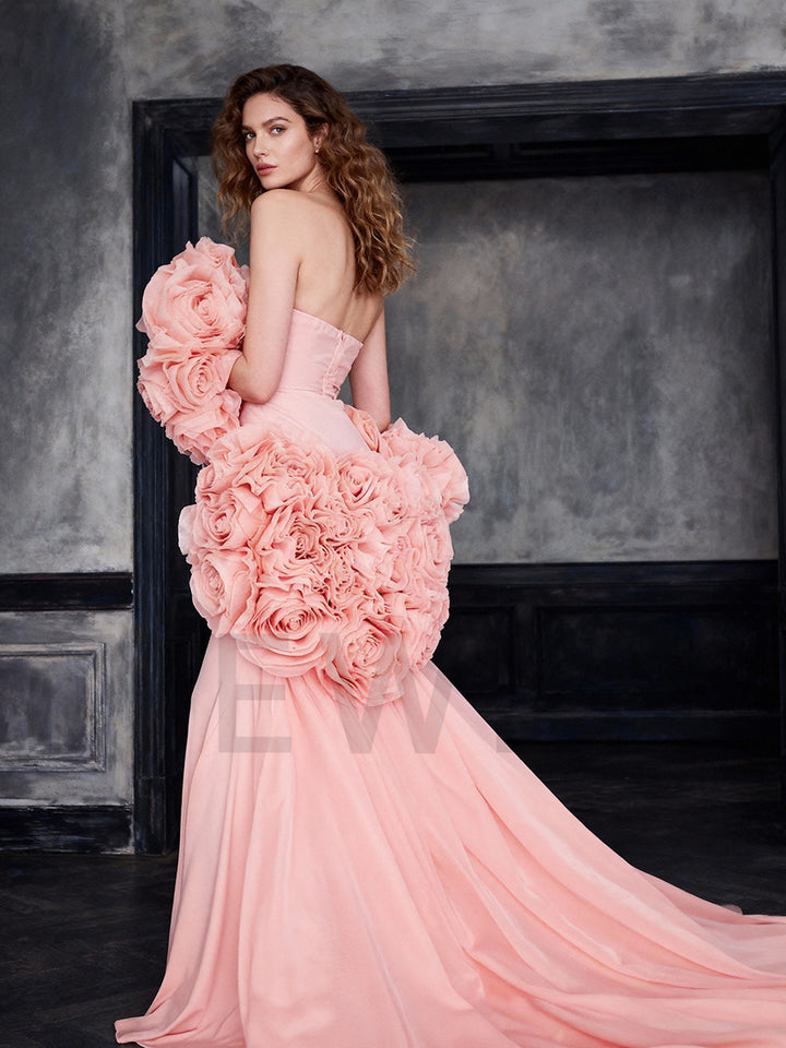 Elegant Pink Prom Gown with Flower Cape Shawl Mermaid Formal Banquet Dress