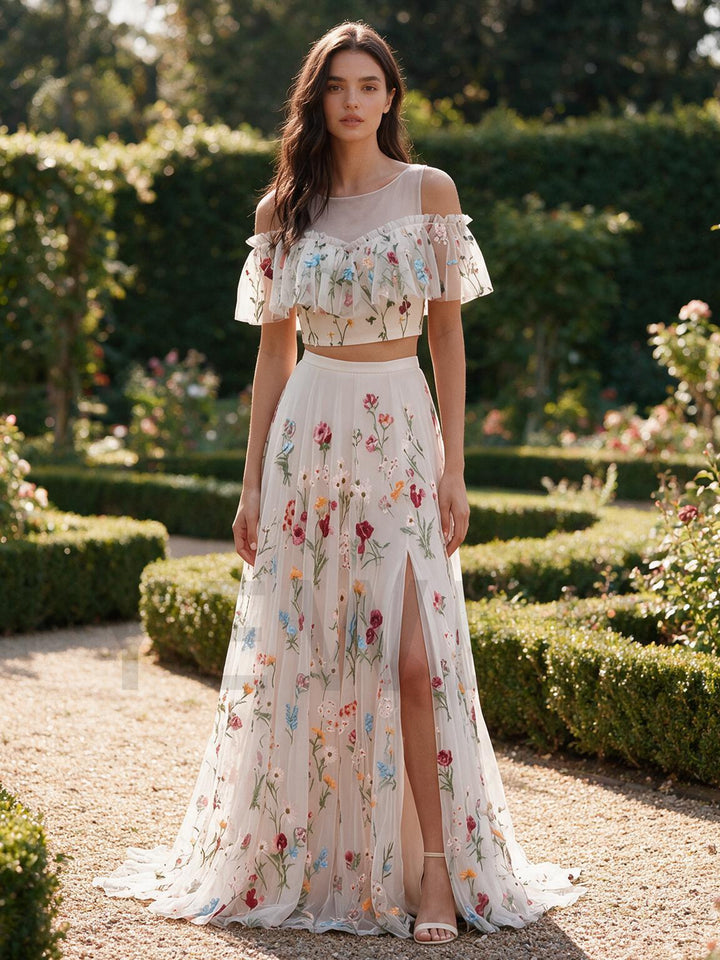 Ivory Two-Piece Off-Shoulder Ruffle Floral Boho Wedding Dress