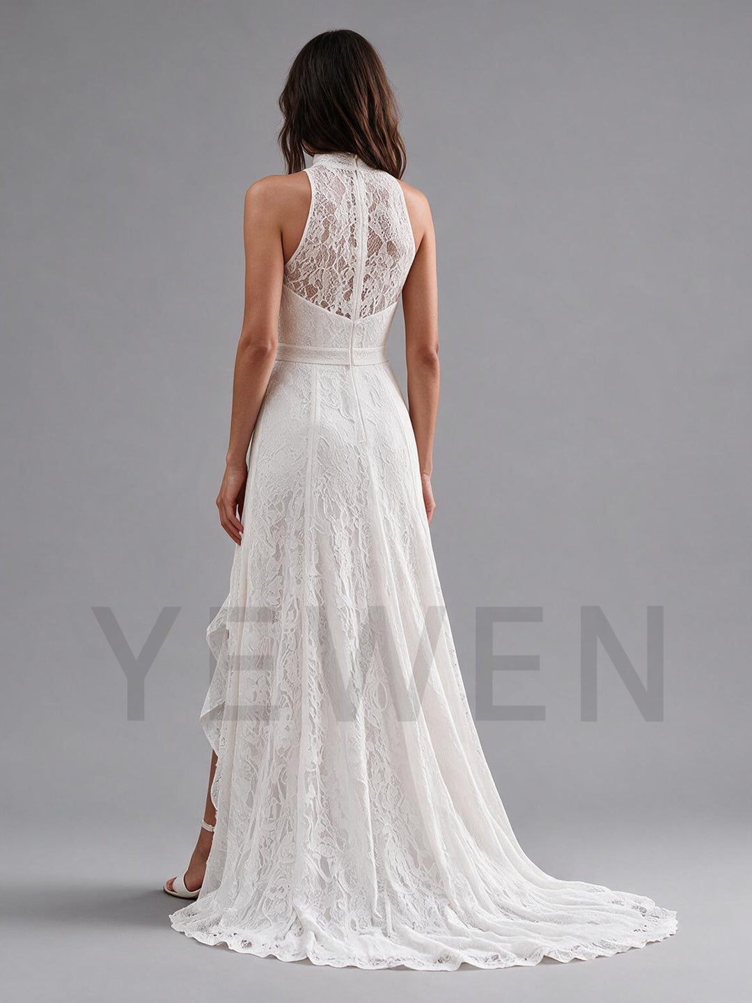 Ivory Halter Neck Keyhole Cutout Lace Boho Wedding Dress