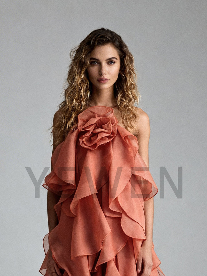 Solid Spliced Ruffles Party Beach Dress Backless Slim Maxi Dress