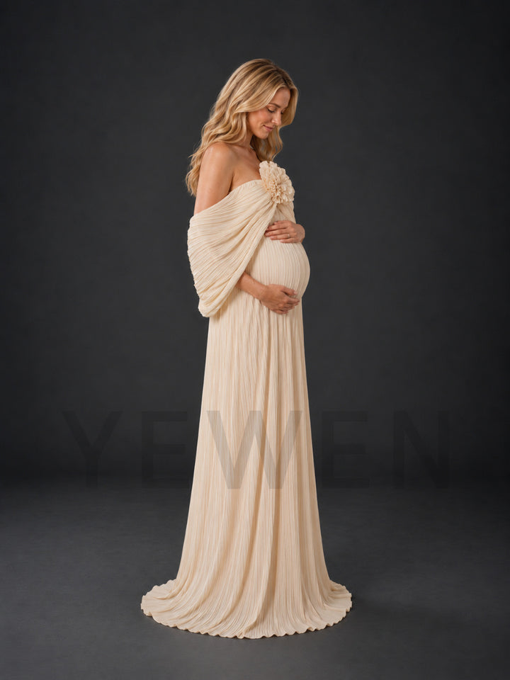 Off-Shoulder 3D Handmade Flower Maternity Photoshoot Gown HY269005