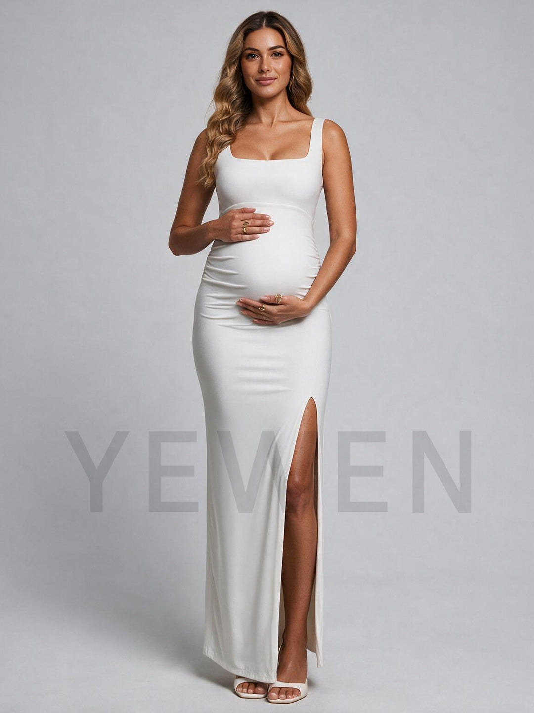 Square Neck Fitted Sleeveless High Slit Maternity Baby Shower Dress