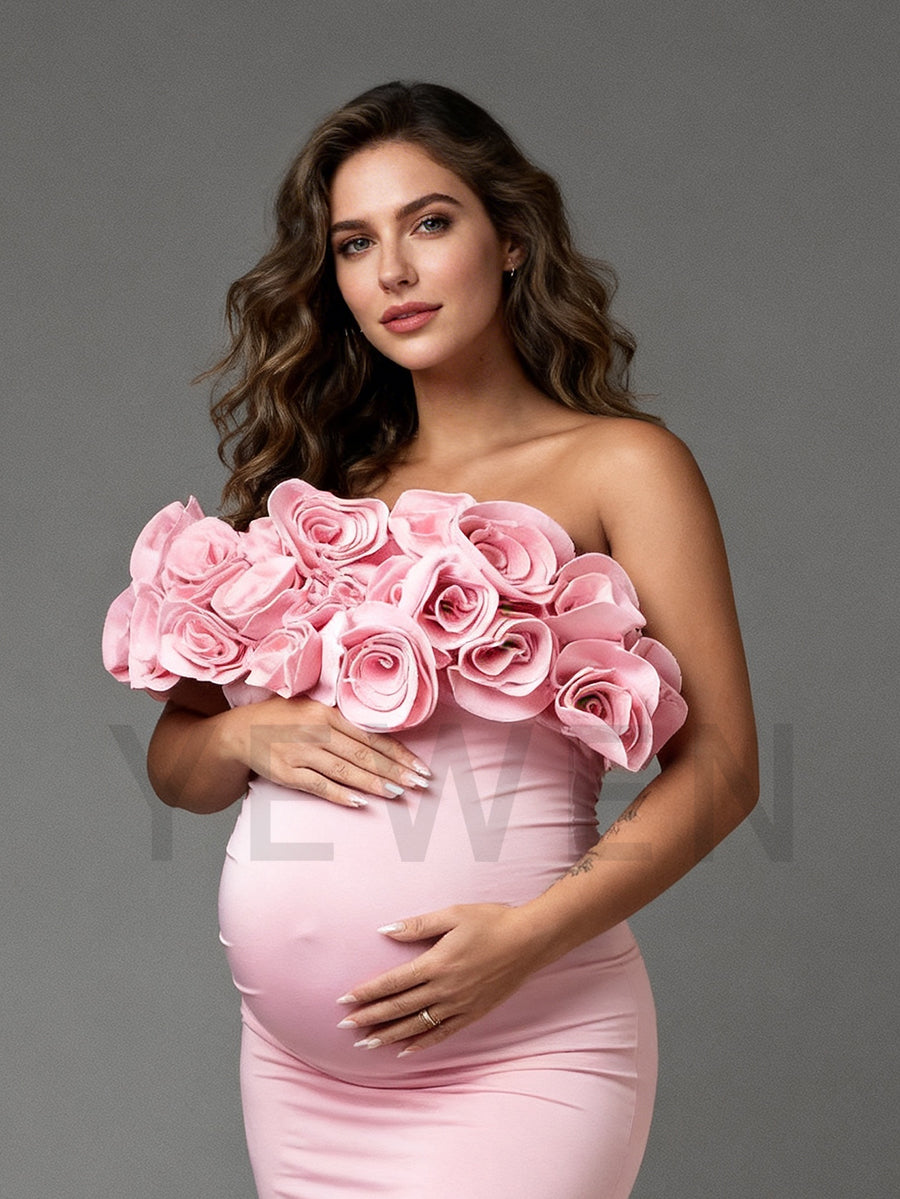 Pink Mermaid Maternity Dress with Rose Flower Baby Shower Gown for Pregency Women